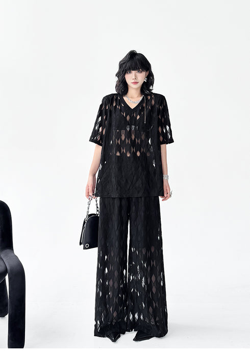 Mesh Diamond Pattern Tops & Pants Co-ord
